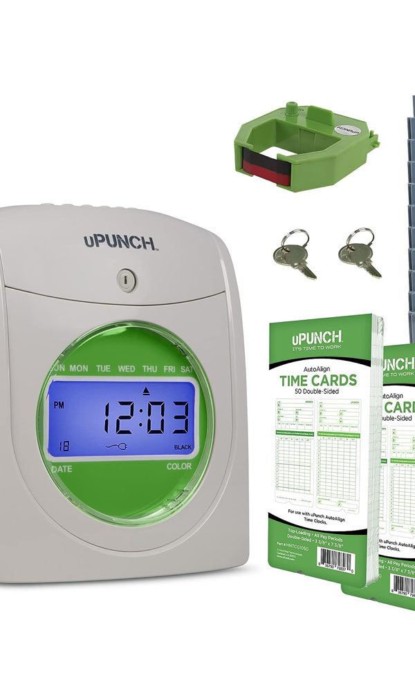 uPunch Time Clock Bundle with Cards, Time Card Rack, Ribbon- 2 Keys
